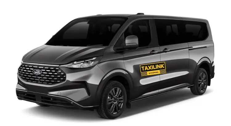 Svart Ford Transit Custom minibuss taxi i Nyköping – Taxilink Nyköping AB